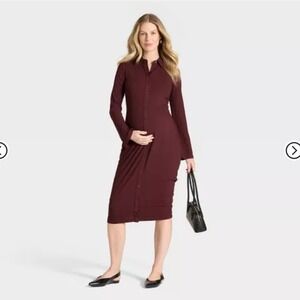 Long Sleeve Ribbed Midi Maternity A-Line Dress - Isabel Maternity by Ingrid Med